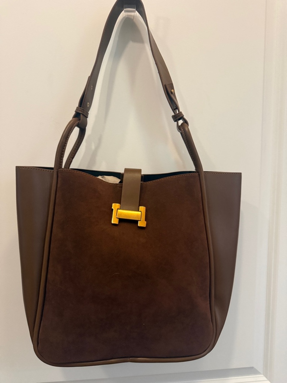 Brown Suede & faux Leather Tote Bag with magnetic Gold Hardware clasp